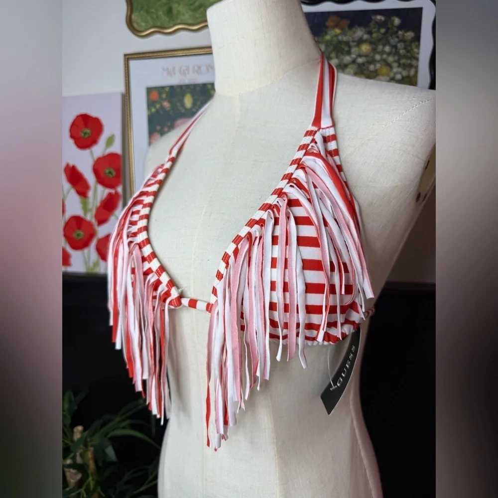NWT Guess String Striped Print Bikini Set with Fringe Detailing Red & White XS
